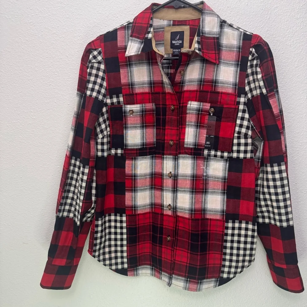 Nautica Women's Patchwork Plaid Shirt NWT Shirt Button up Size XS Cotton - Picture 2 of 8